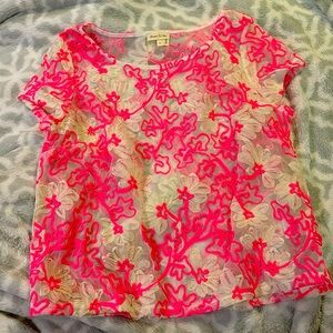 Anthropologie - Meadow Rue Pink Floral Ribbon Sheer Blouse, Size M Hot Pink